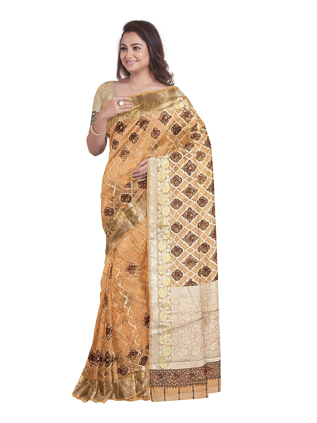 Handpainted Madhubani Peach colour Saree on Banarasi Chanderi